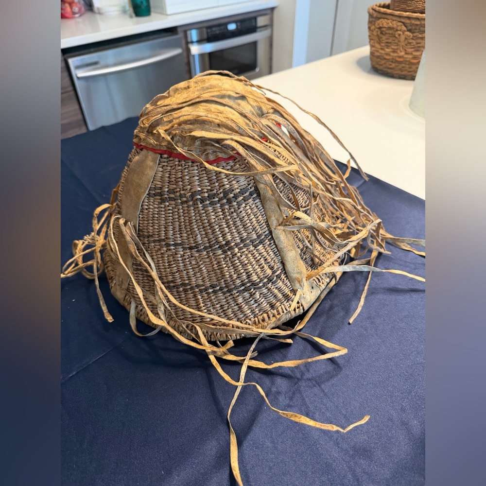 RARE Antique Apache Twined Burden Basket Native American Bells Attached